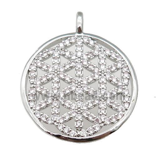 copper circle pendant paved zircon, Flowe of Life symbol, platinum plated