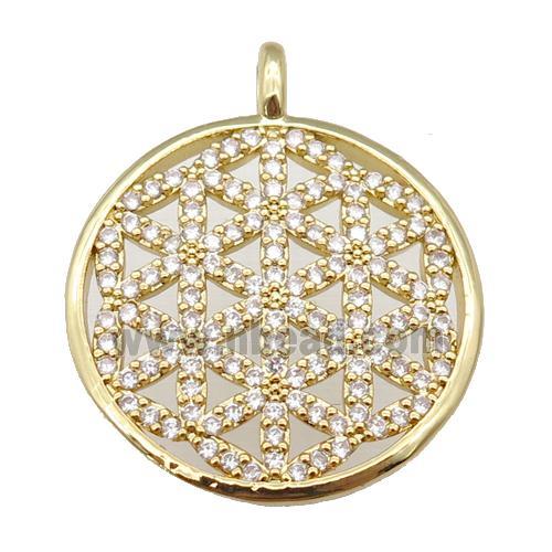 copper circle pendant paved zircon, Flowe of Life symbol, gold plated