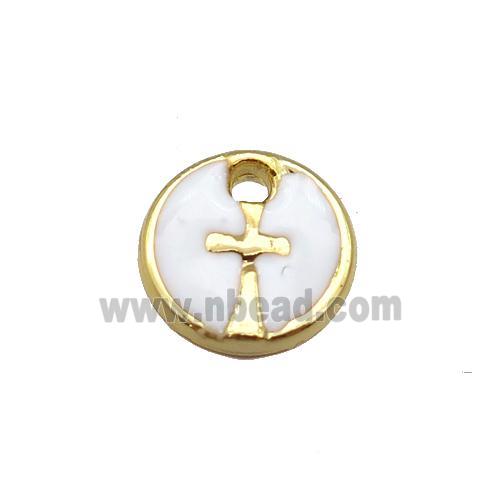 copper cross pendant with white enamel, circle, gold plated