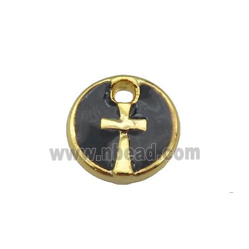 copper cross pendant with black enamel, circle, gold plated