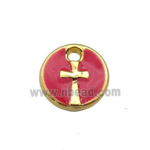 copper cross pendant with red enamel, circle, gold plated