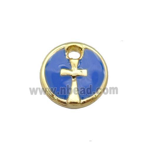 copper cross pendant with blue enamel, circle, gold plated
