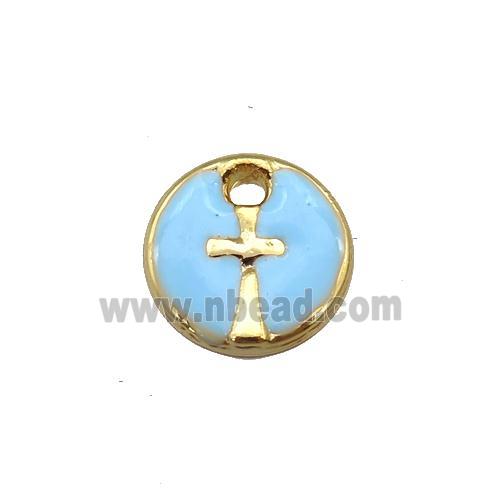 copper cross pendant with lt.blue enamel, circle, gold plated