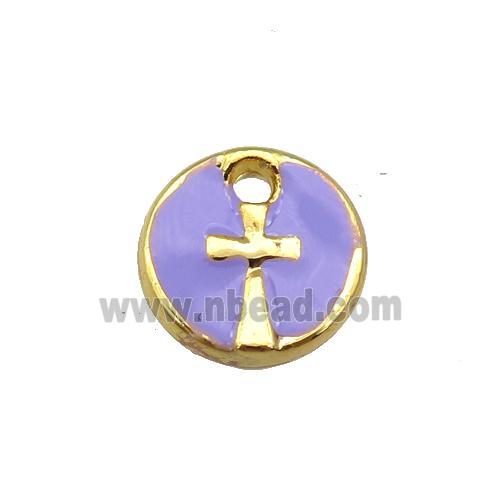 copper cross pendant with lavender enamel, circle, gold plated