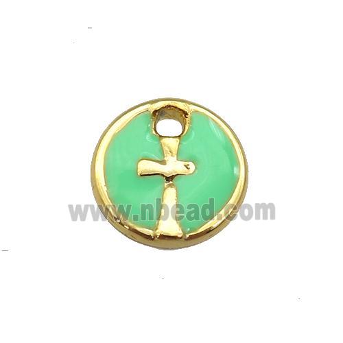 copper cross pendant with green enamel, circle, gold plated