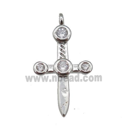 copper sword pendant paved zircon, platinum plated