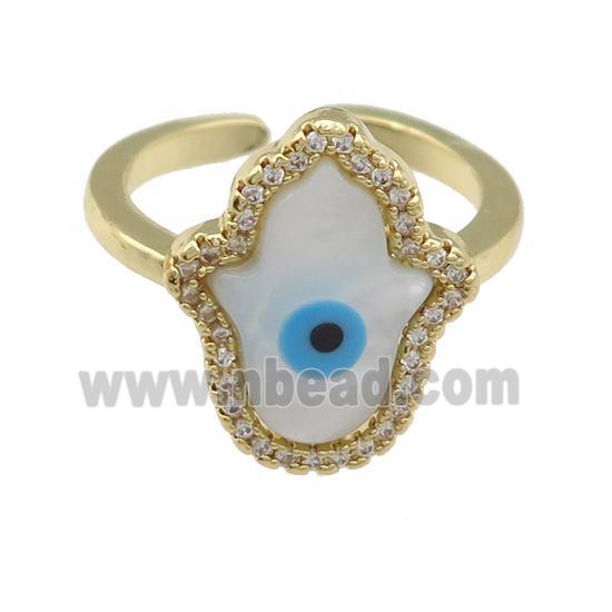 copper Ring paved zircon with hand, evil eye, gold plated