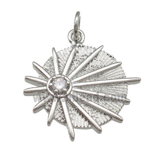 copper circle sunburst pendant paved zircon, platinum plated