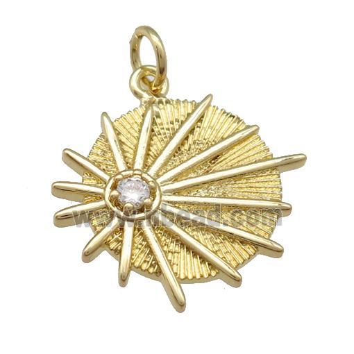 copper circle sunburst pendant paved zircon, gold plated