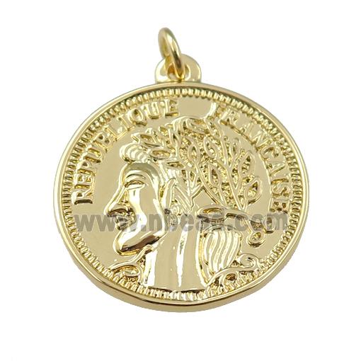 copper coin pendant with beauty, gold plated