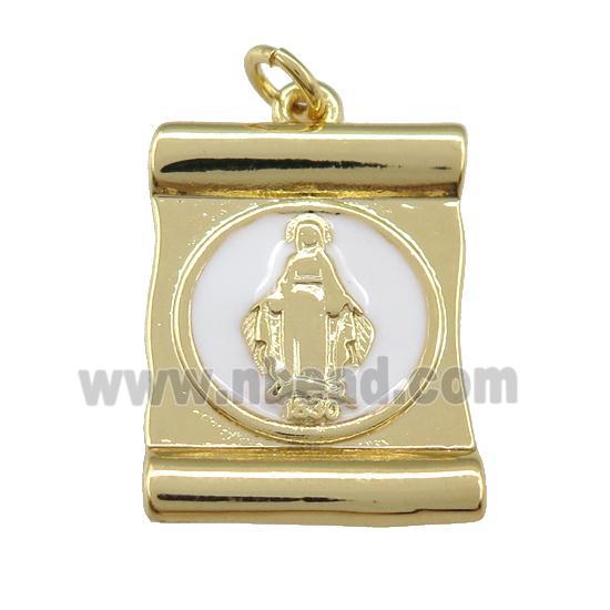 copper Virgin Mary pendant with white enamel, gold plated