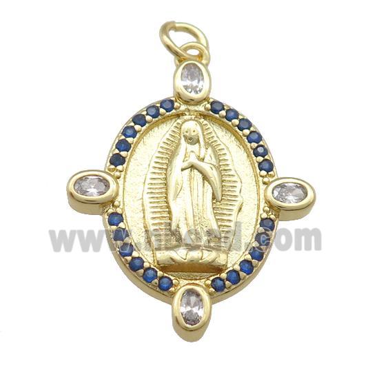 copper Virgin Mary pendant paved blue zircon, gold plated