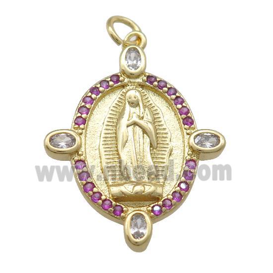 copper Virgin Mary pendant paved hotpink zircon, gold plated
