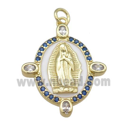 copper Virgin Mary pendant paved blue zircon with white enamel, gold plated