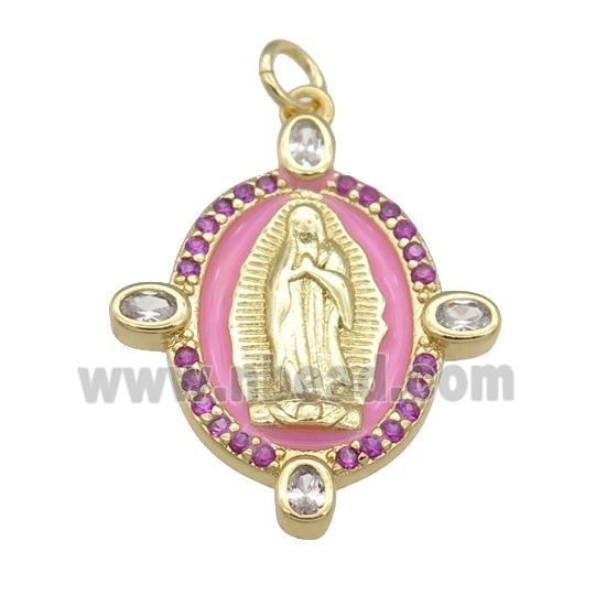 copper Virgin Mary pendant paved hotpink zircon with pink enamel, gold plated