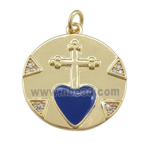 copper circle pendant with cross, blue enamel heart, gold plated