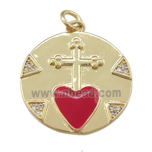 copper circle pendant with cross, red enamel heart, gold plated