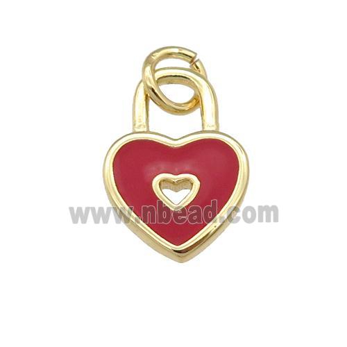 copper Heart Lock pendant with red enamel, gold plated