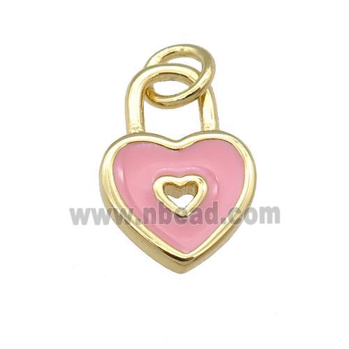 copper Heart Lock pendant with pink enamel, gold plated