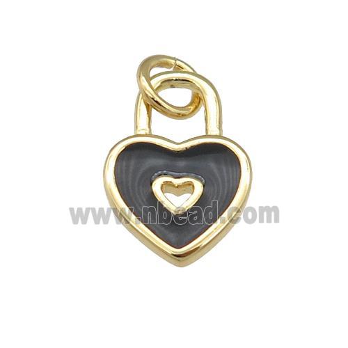 copper Heart Lock pendant with black enamel, gold plated
