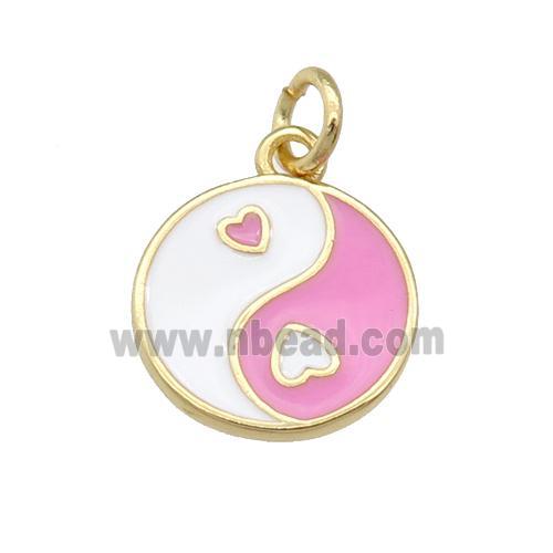 copper Taichi pendant, yinyang, pink enamel, gold plated