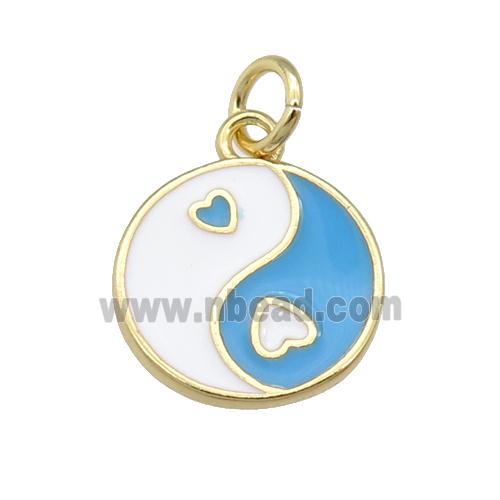 copper Taichi pendant, yinyang, blue enamel, gold plated