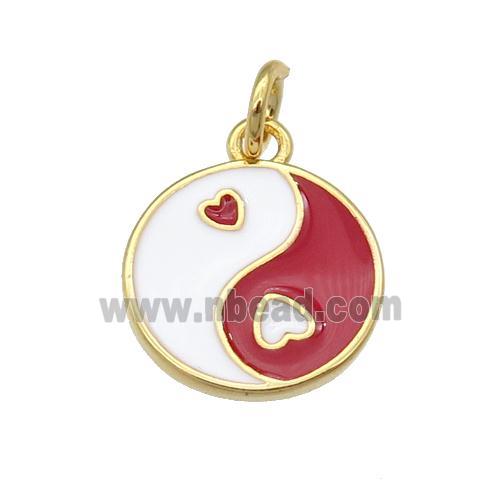copper Taichi pendant, yinyang, red enamel, gold plated