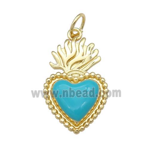 copper Milagro Heart pendant with teal enamel, gold plated