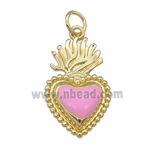 copper Milagro Heart pendant with pink enamel, gold plated