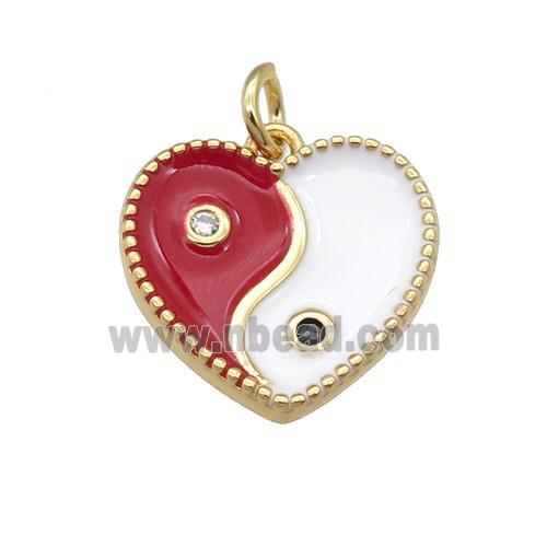 copper Taichi pendant with red enamel, heart, gold plated