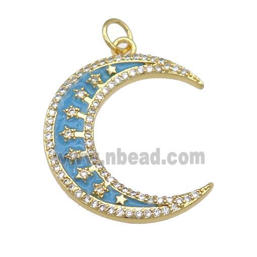 copper crescent Moon pendant paved zircon with teal enamel, gold plated