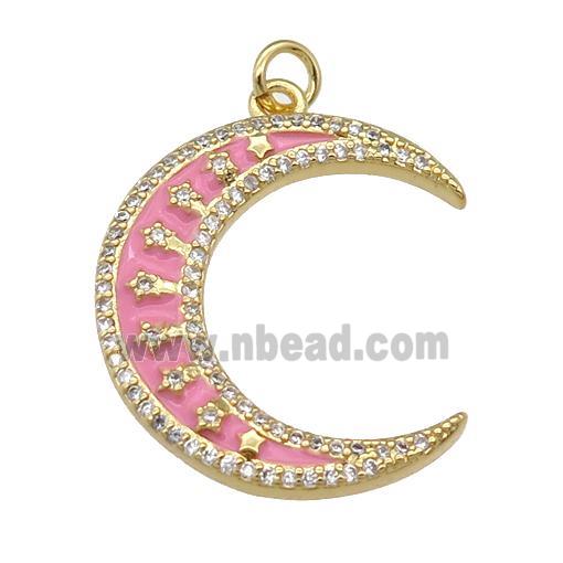 copper crescent Moon pendant paved zircon with pink enamel, gold plated