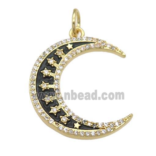 copper crescent Moon pendant paved zircon with black enamel, gold plated