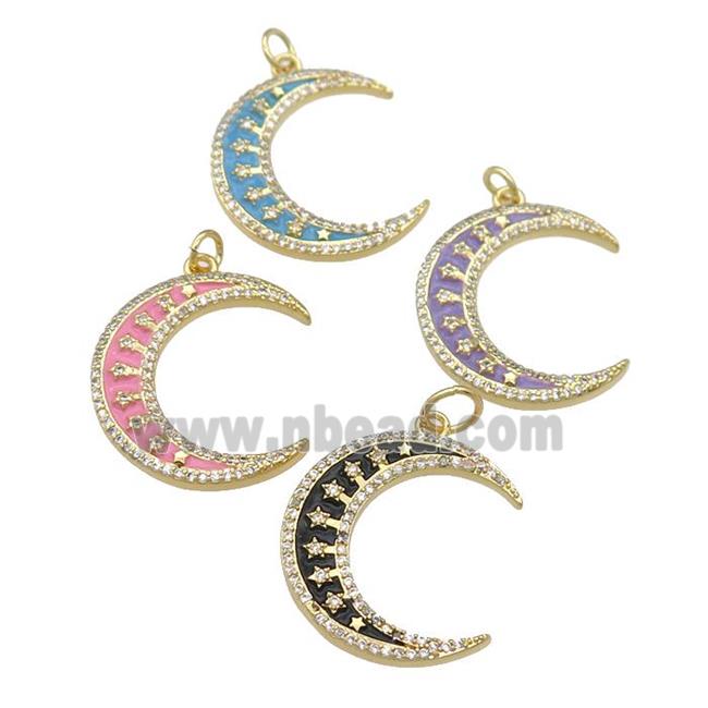copper crescent Moon pendant paved zircon with enamel, gold plated, mixed