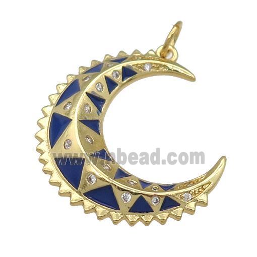 copper crescent Moon pendant with blue enamel, gold plated