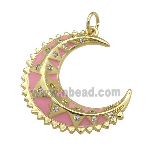 copper crescent Moon pendant with pink enamel, gold plated
