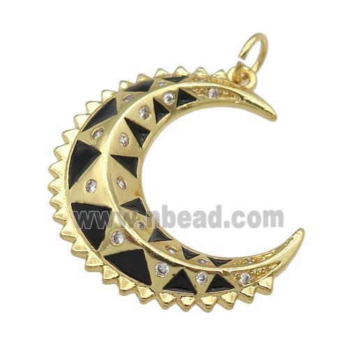 copper crescent Moon pendant with black enamel, gold plated