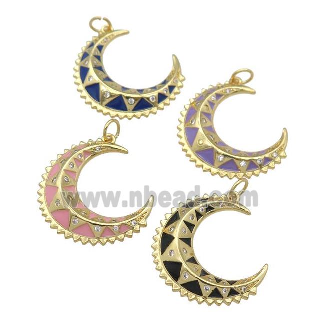 copper crescent Moon pendant with enamel, gold plated, mixed