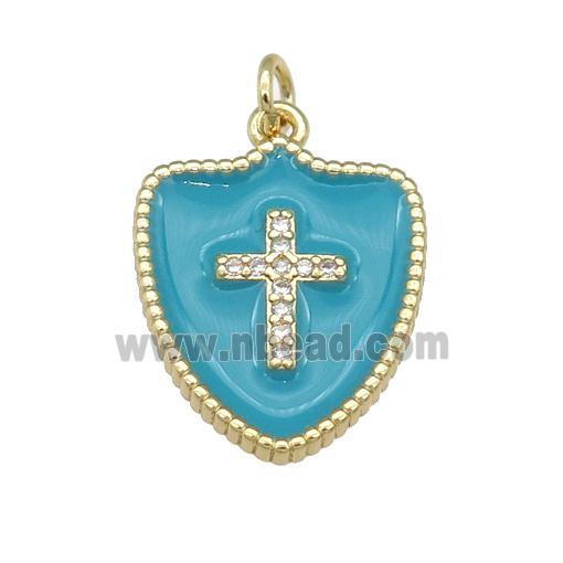 copper Shield Cross pendant paved zircon with teal enamel, gold plated