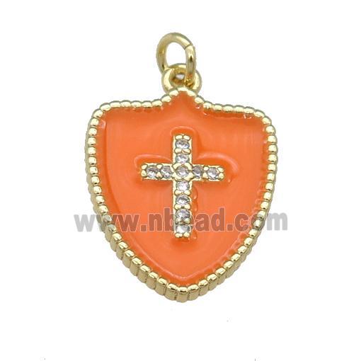 copper Shield Cross pendant paved zircon with orange enamel, gold plated