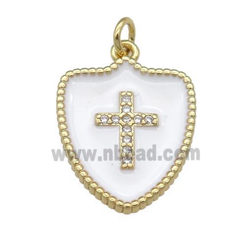 copper Shield Cross pendant paved zircon with white enamel, gold plated