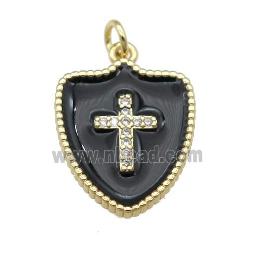 copper Shield Cross pendant paved zircon with black enamel, gold plated