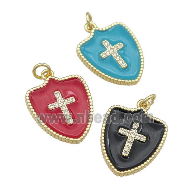 copper Shield Cross pendant paved zircon with enamel, gold plated, mixed