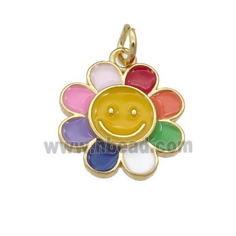 copper sunflower pendant with enamel, multicolor, gold plated