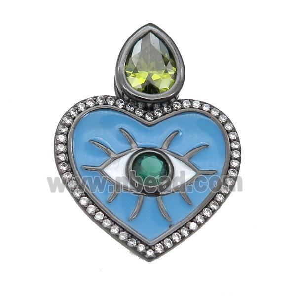 copper Heart pendant paved zircon with blue enamel, black plated
