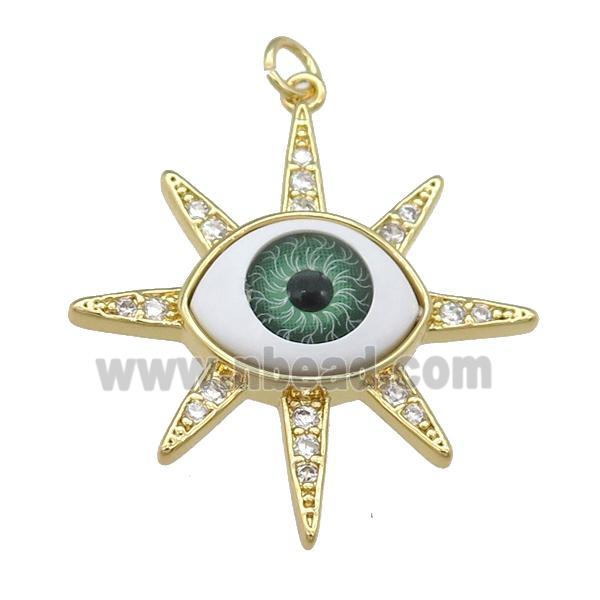 copper pendant paved zircon with green Evil Eye, gold plated