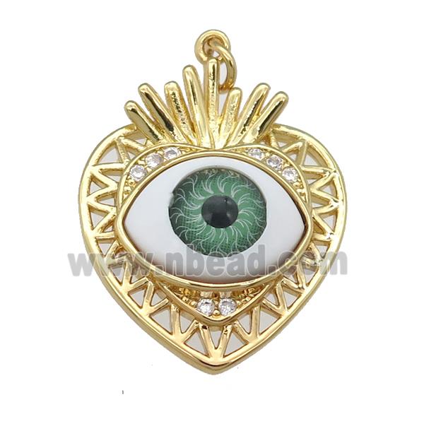 copper heart pendant paved zircon with green Evil Eye, gold plated