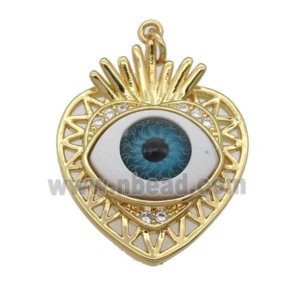 copper heart pendant paved zircon with blue Evil Eye, gold plated