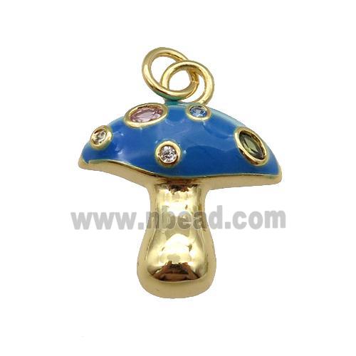 copper mushroom pendant paved zircon with blue enamel, gold plated