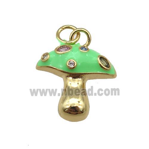 copper mushroom pendant paved zircon with green enamel, gold plated